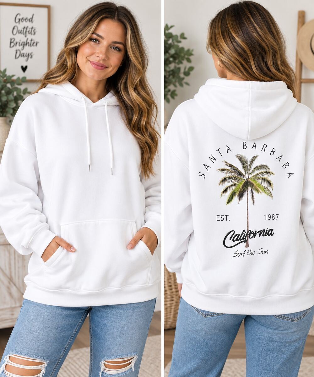 SHEIN Womens XL White Santa Barbara California Palm Tree Graphic Hoodie NWT